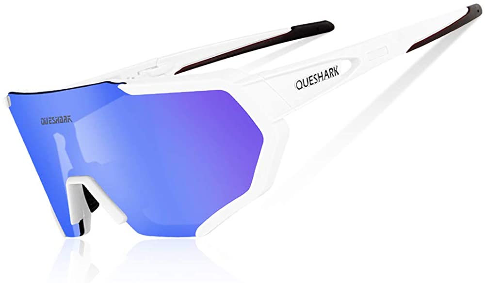 Queshark Fahrradbrille, TR90 Unbreakable Frame Polarisierte Sport Sonnenbrille, Fahrradbrille für Männer Frauen mit 3 oder 5 Wechselobjektiven, zum Fahren Angeln Glof Baseball Laufen CE Zertifiziert