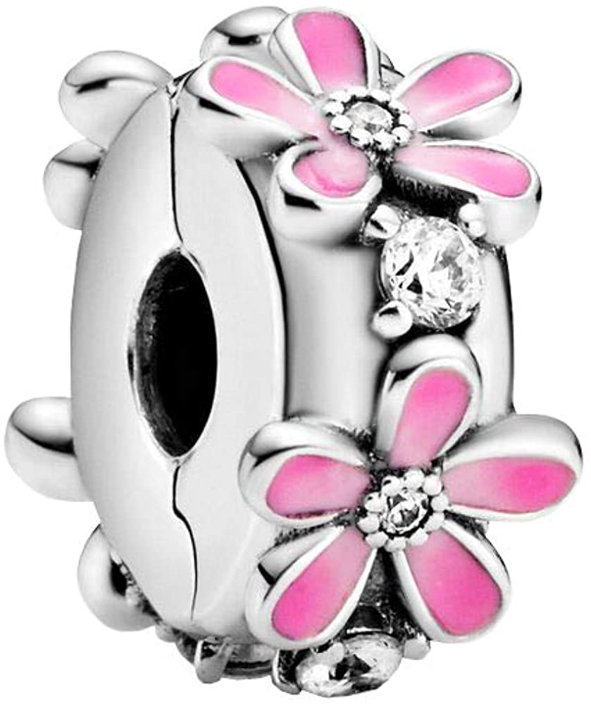 Daisy sterling silver clip with clear cubic zirconia, shaded pink enamel and silicone grip