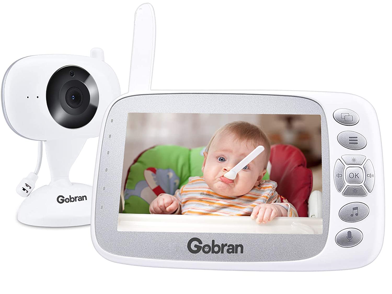 Babyphone mit Kamera 5 Zoll 1080P HD IPS Video Aufnahme Wiedergabe 360° Drehung 4 Erweiterbare Kameras,Gobran Videoüberwachung VOX Aktivierung,Walkie Talkie,Nachtsicht,Schlaflieder,Temperatursensor