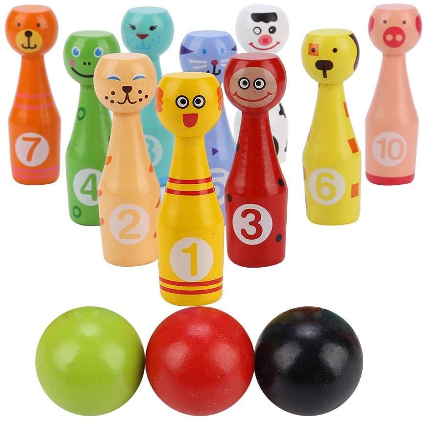 VGEBY Kegelspiel für Kinder Bowling Ball Set mit 10 Kegel und 3 Bälle Draußen Spielzeug Pädagogisches Holzspielzeug Spielzeug Geschenke Spiele ab 2+ Jahren