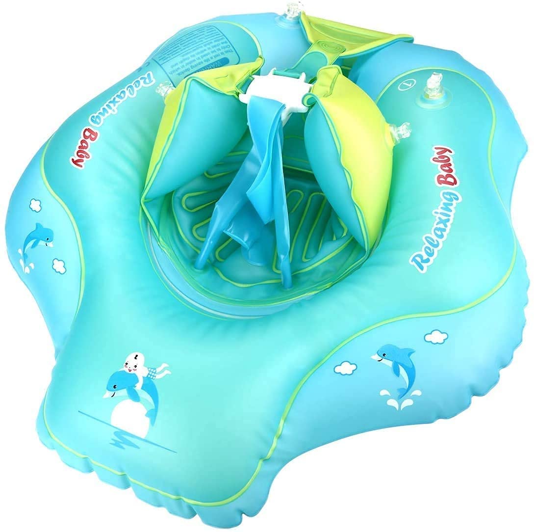 Luchild Aufblasbarer Baby Schwimmhilfen,Baby Schwimmring Schwimmtrainer Schwimmer Schwimmreifen mit Sonnenschutz für Kinder ab 6 Monaten (Blau)