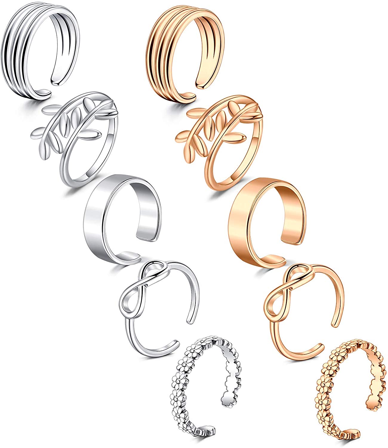 Rajnard Zehenring Fingerringe Gelenkringe Verstellbares Band Knöchel Fußring Blume Herz Blatt Pfeil Verschiedene Arten Chirurgischer Stahl Für Frauen Mädchen 10St Silber/Rosegold Set