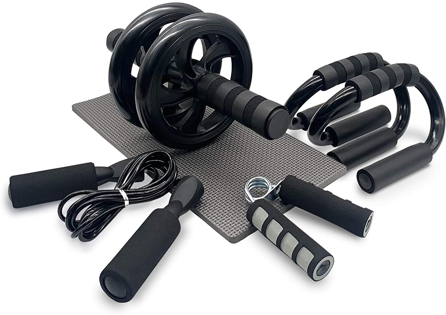 Euyecety Bauchtrainer Bauchmuskeltrainer Bauchroller mit Springseil, Liegestützgriffe, Fingertrainer, Kniematte, AB Roller Fitnessgeräte für Zuhause, Bauchtrainer Roller Für Männer und Frauen