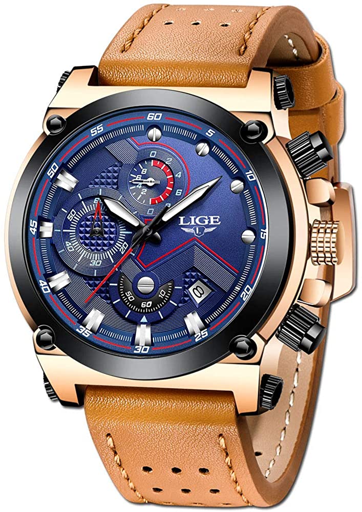 LIGE Herren Uhren Mode Golden Uhren Herren Geschäft Klassisch Schwarz Leder Automatisch Datum Uhren