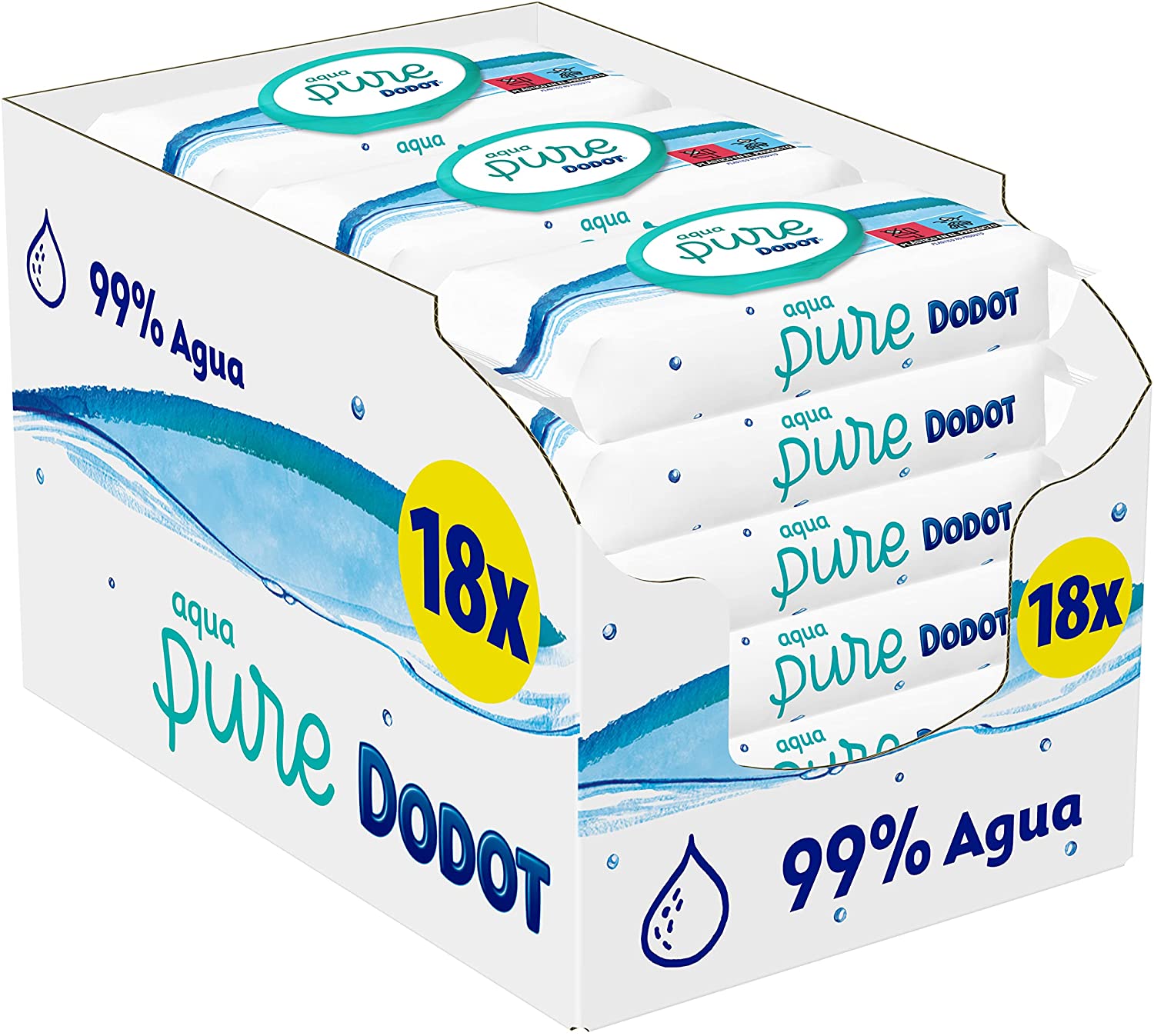 Dodot Aqua Pure - Baby-Reinigungstücher, 99 % Wasser, 864 Tücher, 18 Packungen (18 x 48)