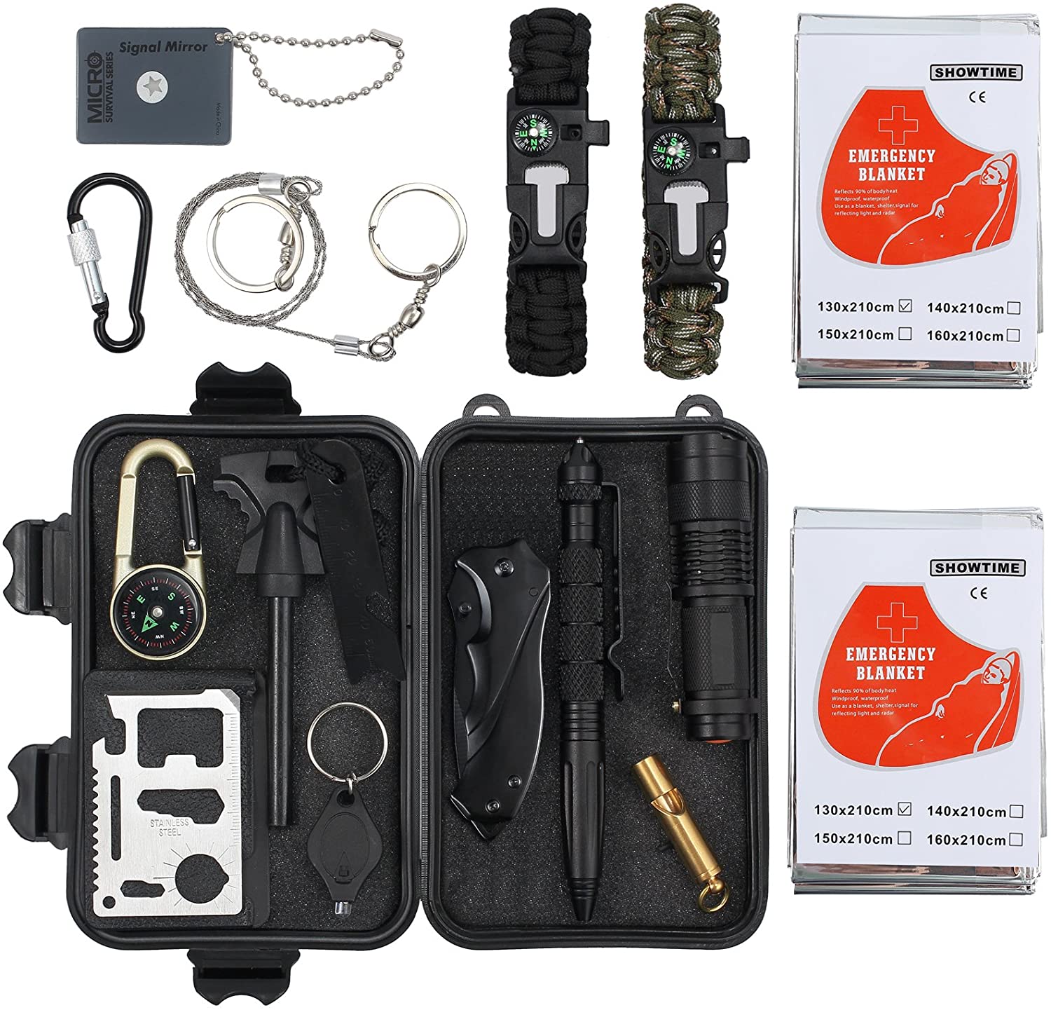 Proster Survival Kit 16 in 1 Notfall Survival Gear Multifunktionales Zubehör Survival Werkzeug für Camping Outdoor Sport Reisen Wandern