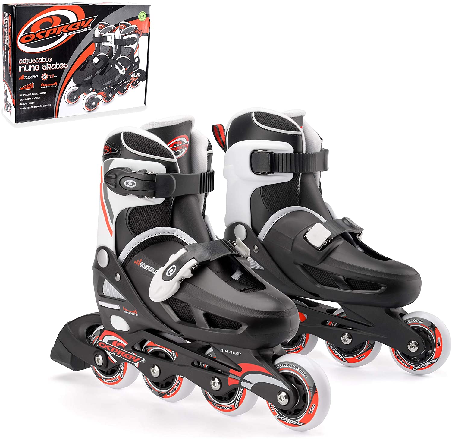 Osprey Inline Skates für Jungen und Mädchen - größenverstellbare Roller Blades - ideal für Anfänger - verschiedene Größen - Rollschuhe aus hochwertigen Materialien - cooles in Rot/Weiß/Schwarz