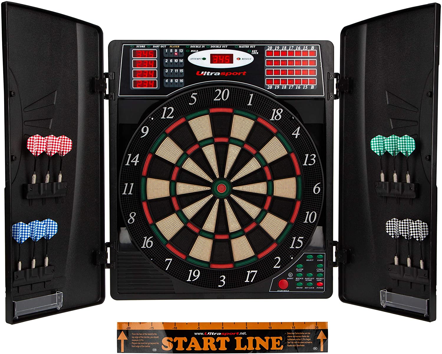 Ultrasport elektrisches Dartboard, mit und ohne Türen, Dartautomat für bis zu 16 Spieler, inklusive Abwurfline, 12 Dartpfeile und 100 Soft-Tipps, geeignet für Partys und Spieleabende