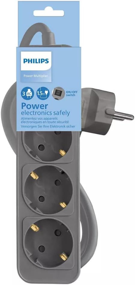 Philips CHP2134G - Steckdosenleiste mit 3 Steckdosen, 1,5 m langes Kabel, Hauptschalter, automatischer Sicherheitsverschluss, LED-Anzeige für Stromversorgung, Grau