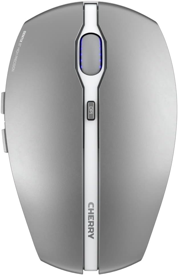 CHERRY GENTIX BT, kabellose Bluetooth Maus, Multi-Device Funktion für bis zu 3 Endgeräte, umschaltbare Auflösung (1000/2000 DPI), 7 Tasten und Scrollrad, batteriebetrieben, Frosted Silver