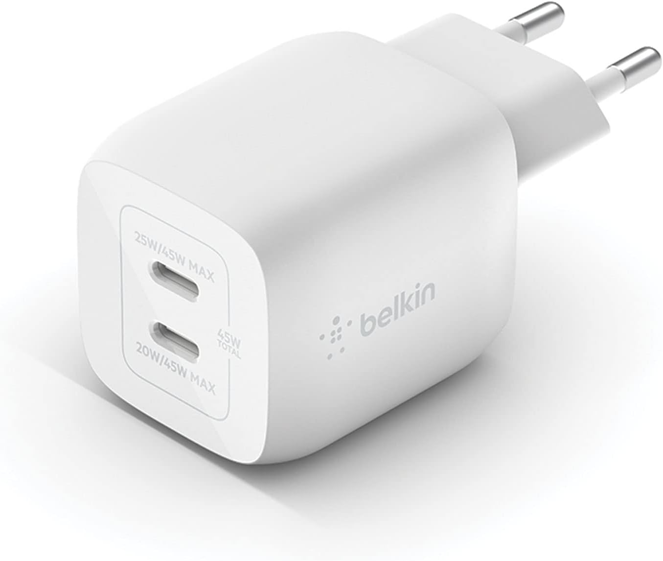 Belkin 45-W-USB-C-Ladegerät mit 2 Ports, Schnellladen mit Power Delivery 3.0 und GaN-Technologie für iPhone 14, 13, 12, Pro, Pro Max, iPad Pro 12,9, 11, MacBook, Galaxy S23, S22, Plus, Ultra, Tab usw.