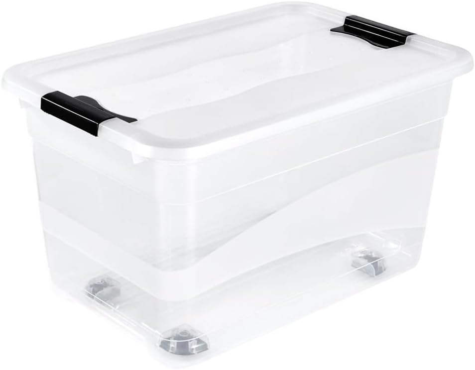 keeeper Aufbewahrungsbox mit Rollen, Deckel und Schiebeverschluss, 59,5 x 39,5 x 35 cm, 52 l, Konrad, Transparent