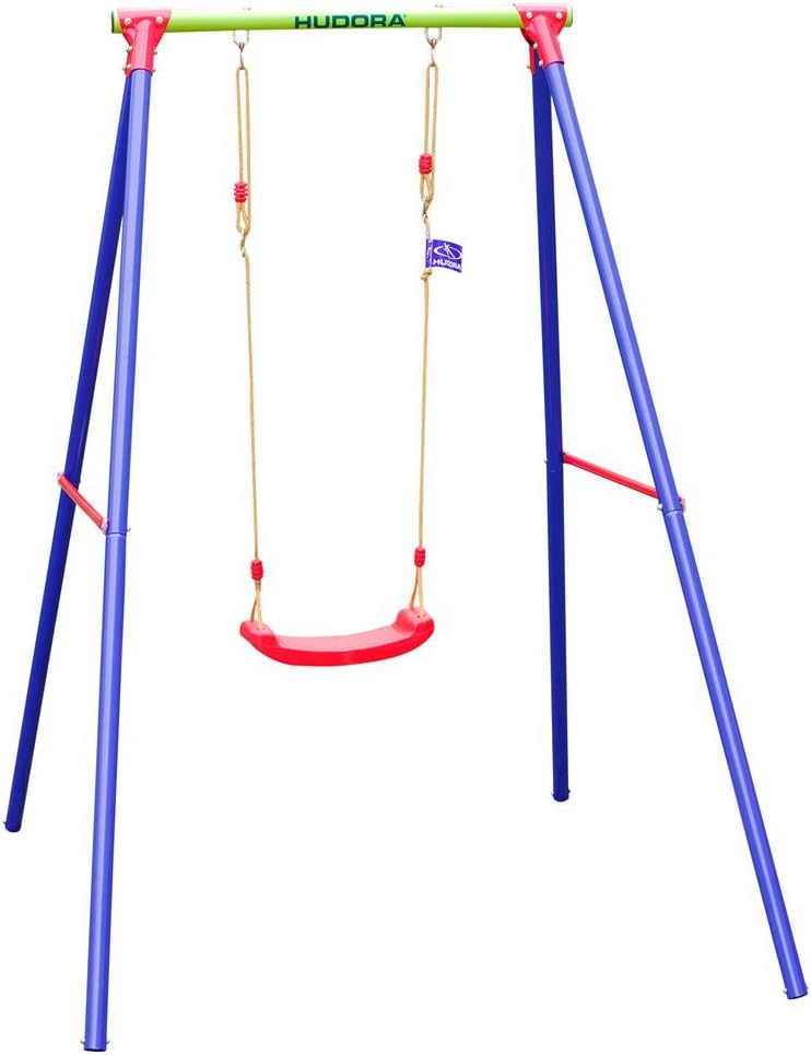 HUDORA Schaukelgestell Single - Schaukel Outdoor für Garten - Kinderschaukel - Schaukelsitz aus Kunststoff - 50 kg Belastbarkeit - Blau / Rot / Gelb - 64018