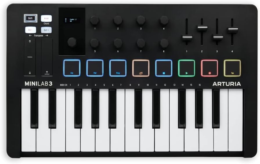 Arturia - MiniLab 3 - Universal-MIDI-Controller für Musikproduktion, mit All-in-One-Softwarepaket - 25 Tasten, 8 Multicolor-Pads - Schwarz