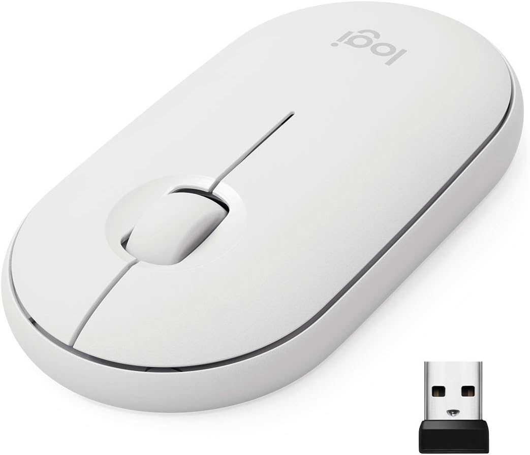 Logitech M350 Pebble Kabellose Maus, Bluetooth und 2.4 GHz Verbindung via Nano USB-Empfänger, 18-Monate Akkulaufzeit, 3 Tasten, Leises Klicken und Scrollen, PC/Mac/iPadOS - Weiß