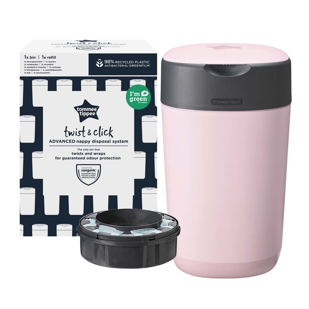 Tommee Tippee Twist & Click Advanced Windeleimer, Umweltfreundlicheres System mit 1 Nachfüllkassette mit Nachhaltig Bezogener Antibakterieller GREENFILM-Folie, Rosa