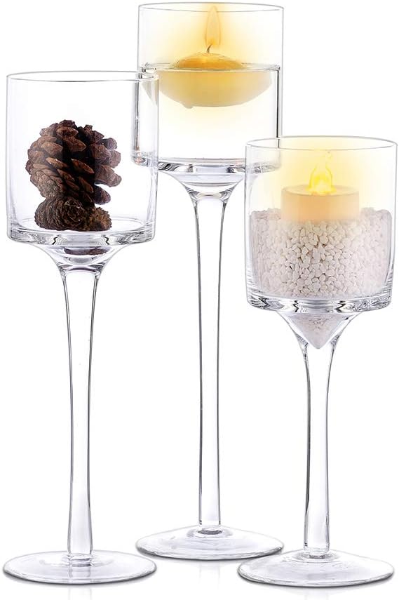 Nuptio Teelichthalter 3 Stück Glas Kerzenhalter für Teelicht & Schwimmkerzen Hohe Elegante Stumpenkerzenhalter für Hochzeit Party Tisch Weihnachten Tafelaufsätze Wohnzimmer Heimdekoration