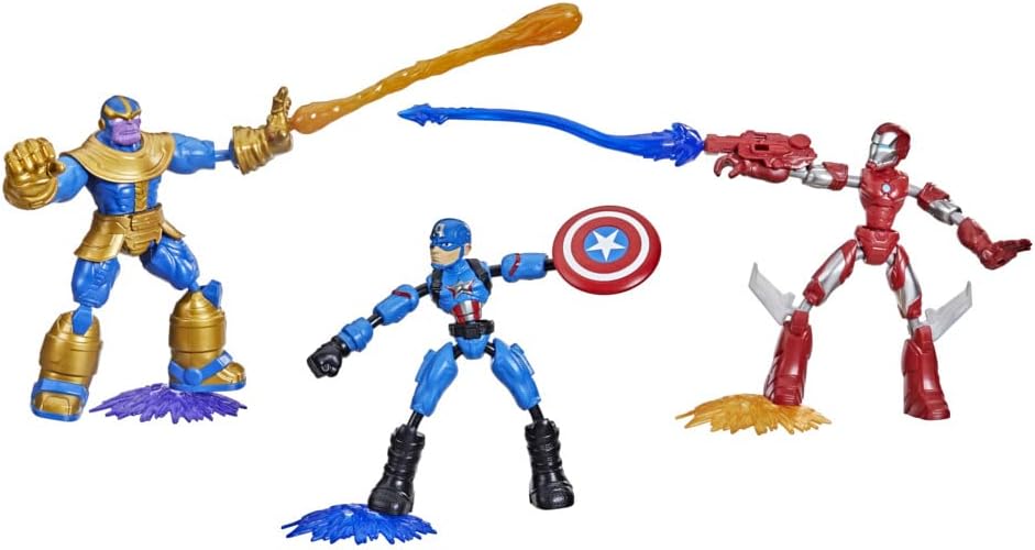 Marvel Avengers Bend and Flex, Set mit 3 flexiblen Figuren mit Iron Man, Captain America und Thanos, inkl. 9 Zubehörteilen