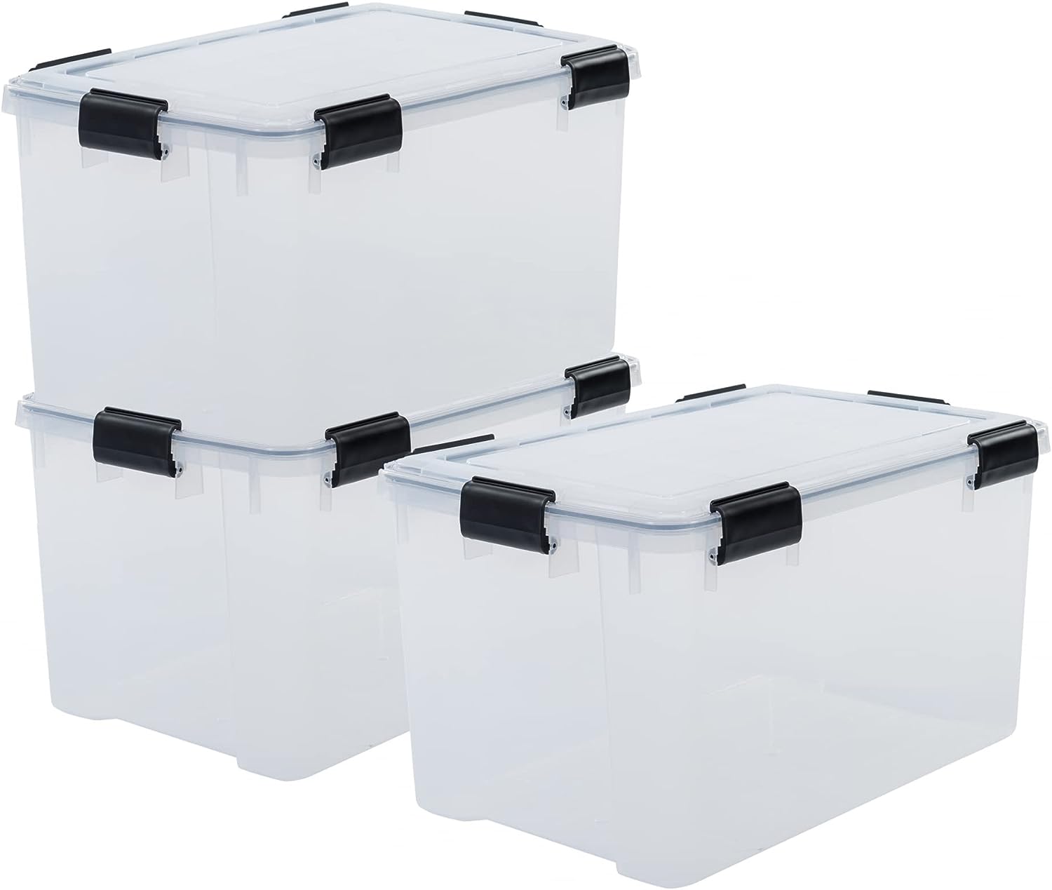 Iris Ohyama, 70L wasserdichte Aufbewahrungsboxen aus Kunststoff mit Deckel, 3er-Set, AT-LD, transparent, stapelbar, Verschlussclips ? B59 x T39 x H38 cm