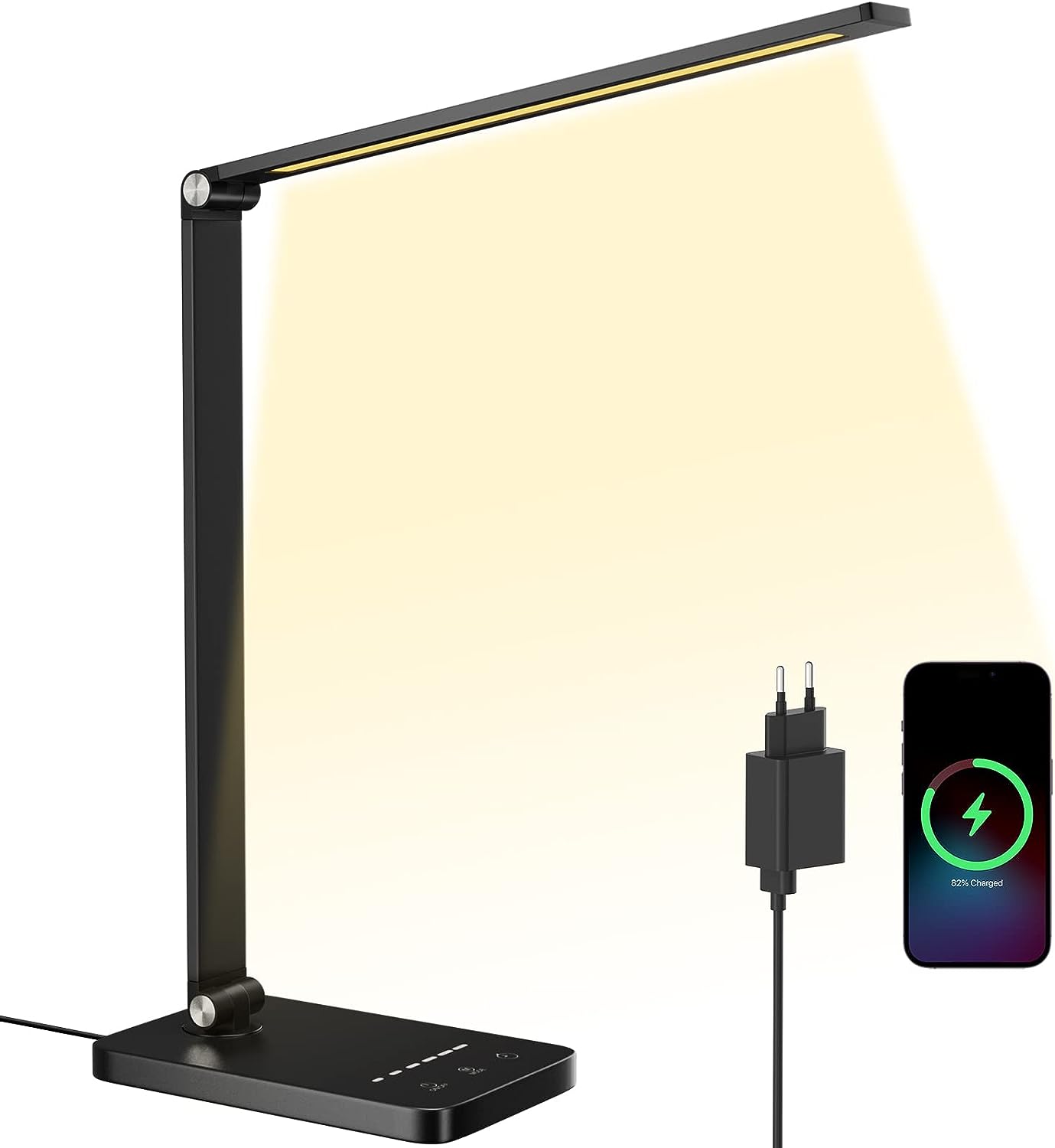 Electight Faltbar Schreibtischlampe mit Adapter, Augenschutz Tischlampe mit 50 LEDs, 5 Farbtemperatur, Stufenlos Dimmbar, USB-Anschluss für Aufladung Smartphones, Touch Control, 30/60 Min Timer