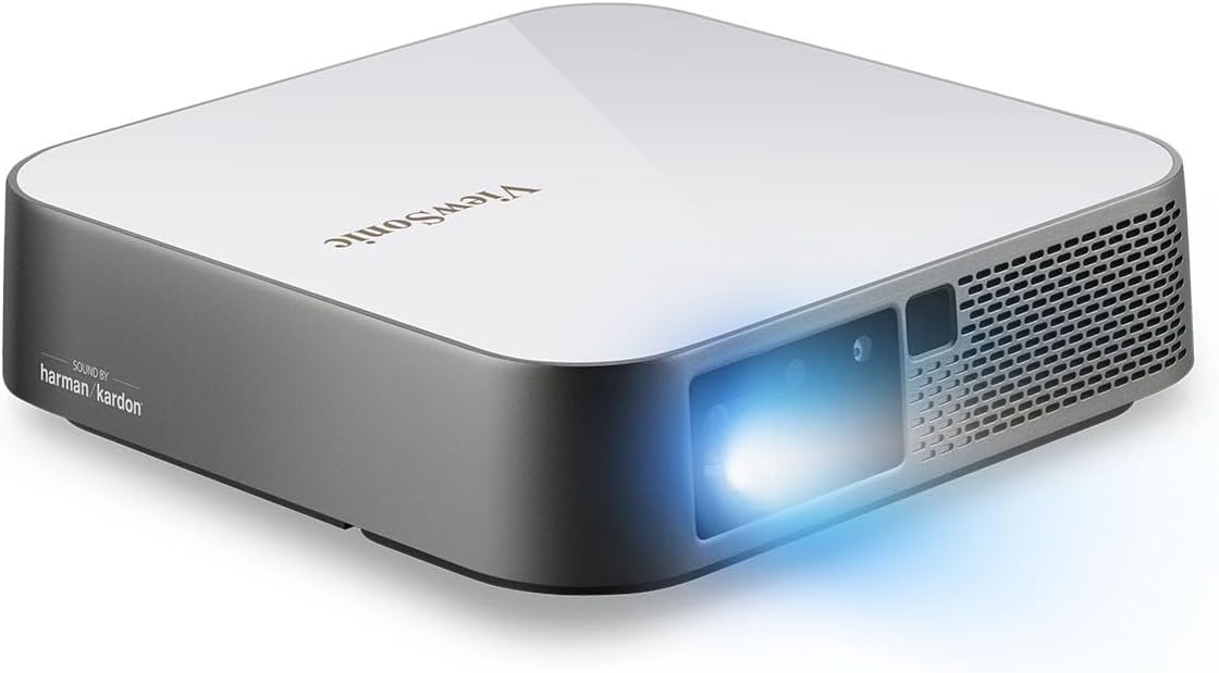 Viewsonic M2E Portabler LED Beamer (Full-HD, 1.000 Lumen, Rec. 709, HDMI, USB, USB-C, WLAN Konnektivität, Bluetooth, SD-Kartenleser, 2X 3 Watt Lautsprecher) Weiß-Silber