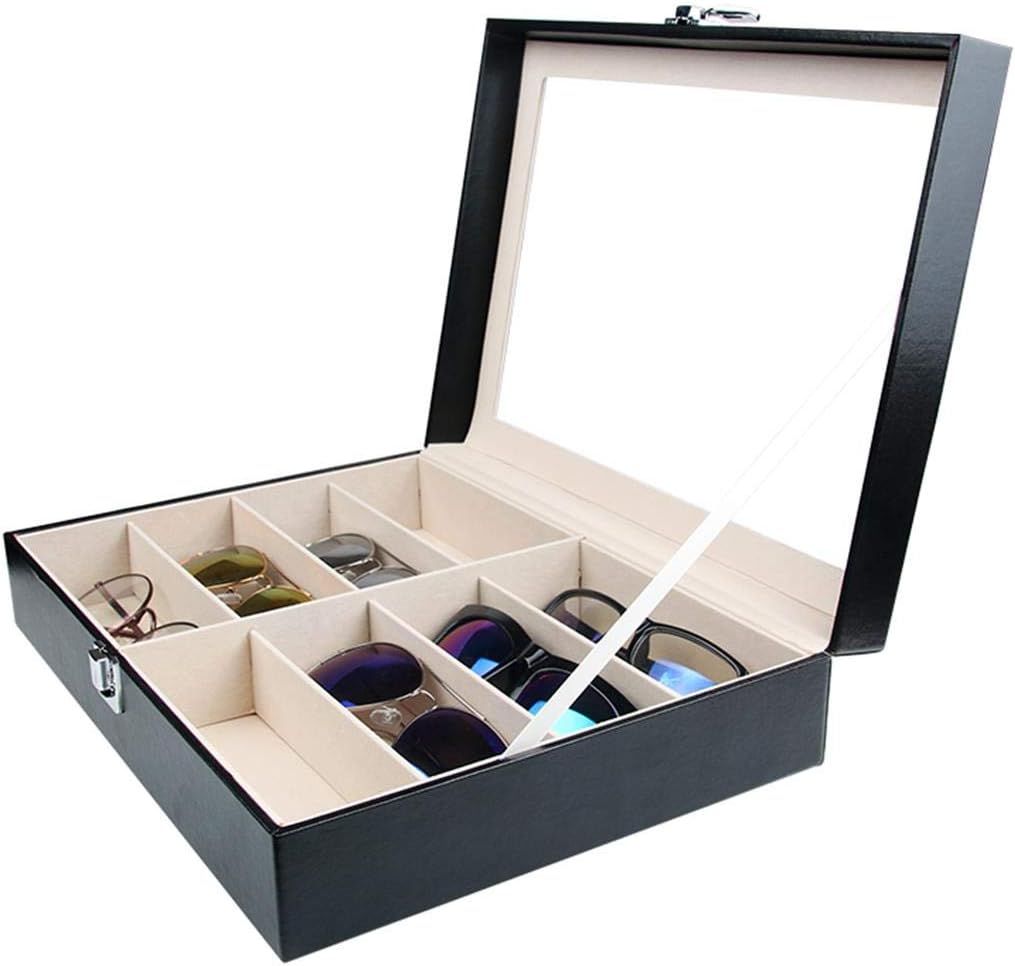 Tebery Brillenbox für 8 Brillen, mit Schaufenster aus Glas, Kunstleder Brillenkoffer, Brillendisplay Brillenorganizer für Sonnenbrille, Brillen, Schmuck, Schwarz, 33.7 x 24.5 x 8.4 cm