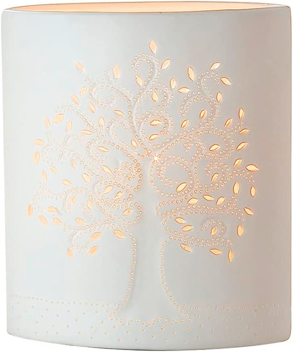 GILDE Lampe Tischlampe Dekolampe Lebensbaum - aus Porzellan mit Lochmuster im Prickellook H 20 cm