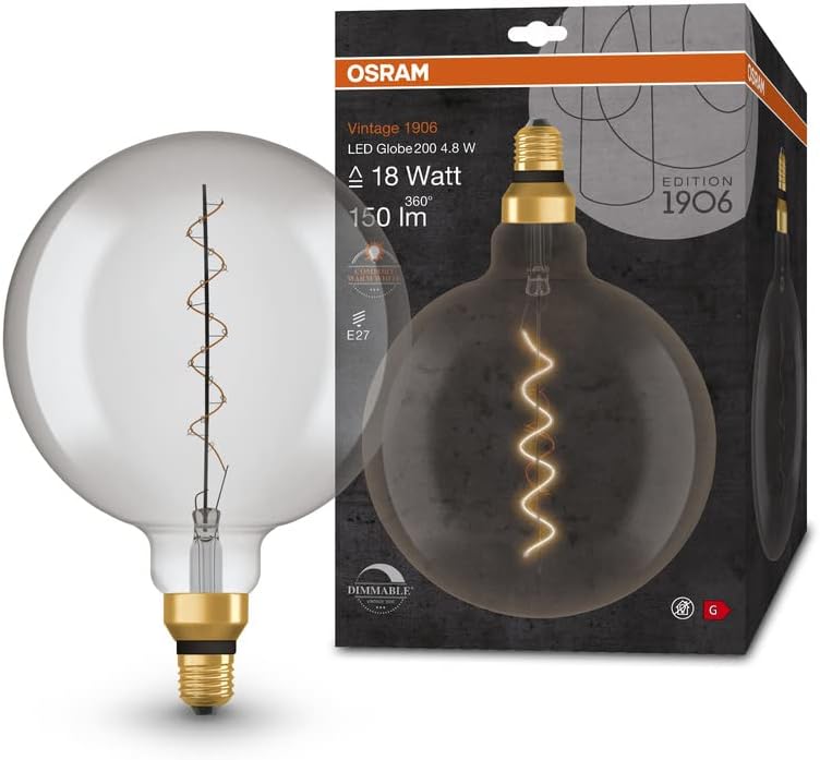 OSRAM Vintage 1906 LED Lamp with Smoke Tint, 4.8 W, 150 lm, Ball Shape with 200 mm Diameter & E27 Base, Warm White Light Colour, Spiral Filament, Dimmable, Up to 15,000 Hours Service Life