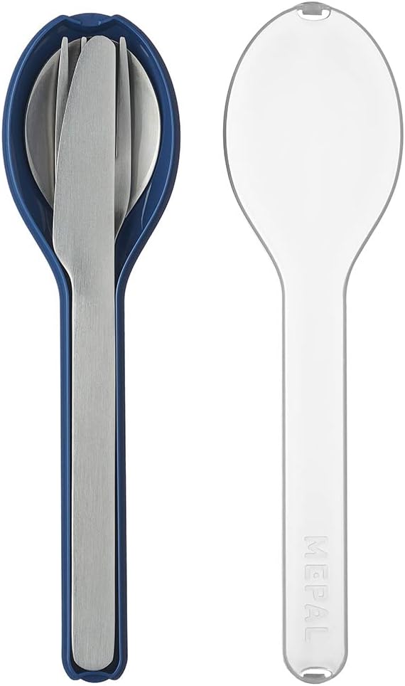 Mepal to Go Set Ellipse 3-teilig Nordic Denim – Besteck für unterwegs. Bestehend aus Messer, Gabel und Löffel, in Blaue Kunststoffhülle, Edelstahl, 19.5 x 5.1 x 2.3 cm