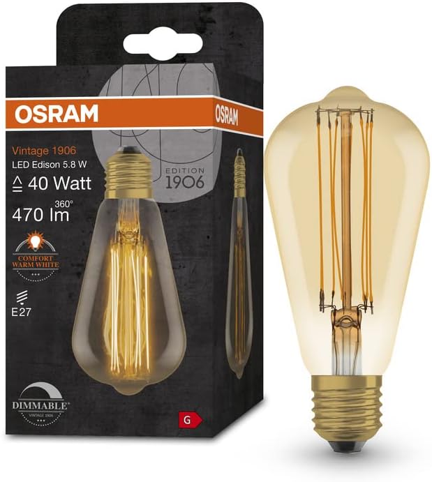 OSRAM Lamps Vintage 1906 LED-Lampe Gold-Tönung,5,8W,470lm,Edison-Form 64mm Durchmesser&E27-Sockel,warmweiße Lichtfarbe,gerades Filament,dimmbar,bis 15.000 Stunden Lebensdauer,4058075761513,40W-Ersatz