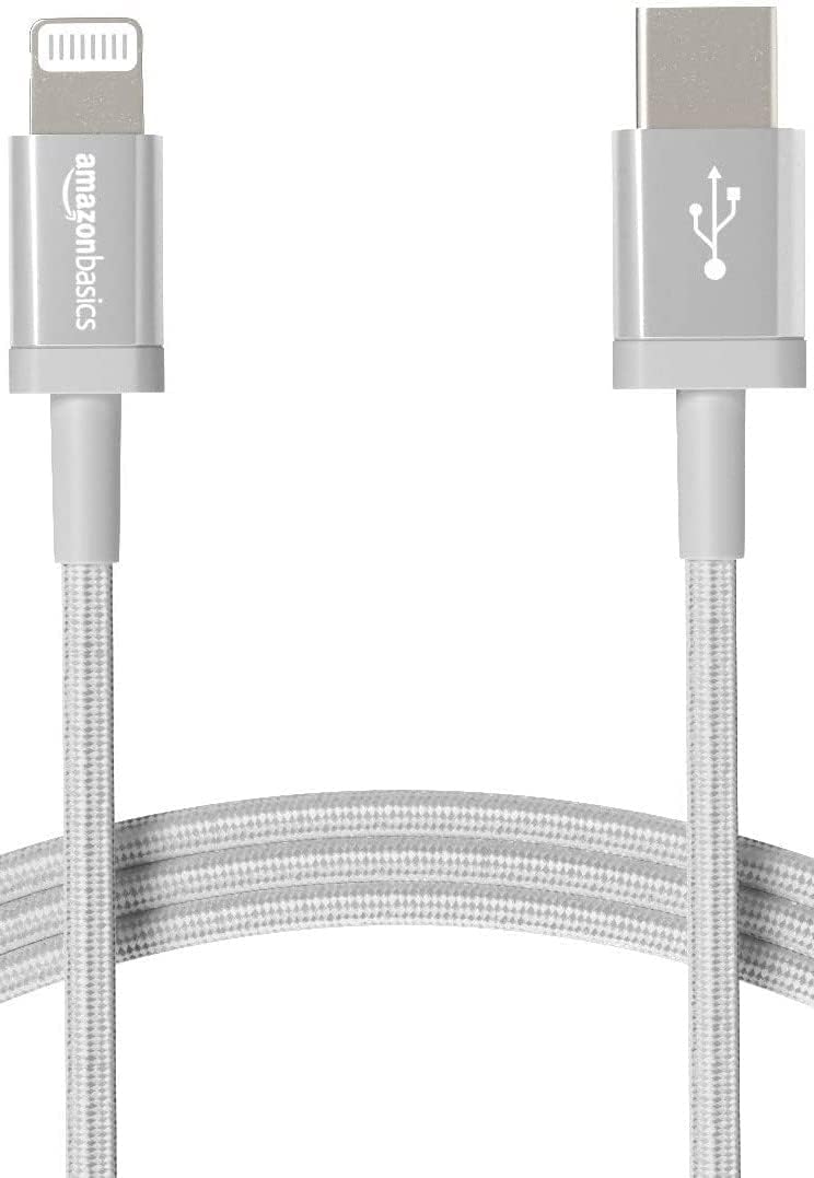 Amazon Basics - USB-C-auf-Lightning-Kabel, geflochtenes Nylon, MFi-zertifiziertes Ladekabel für iPhone 13/12/11/X/XS/XR/8, Silber, 1,8 m