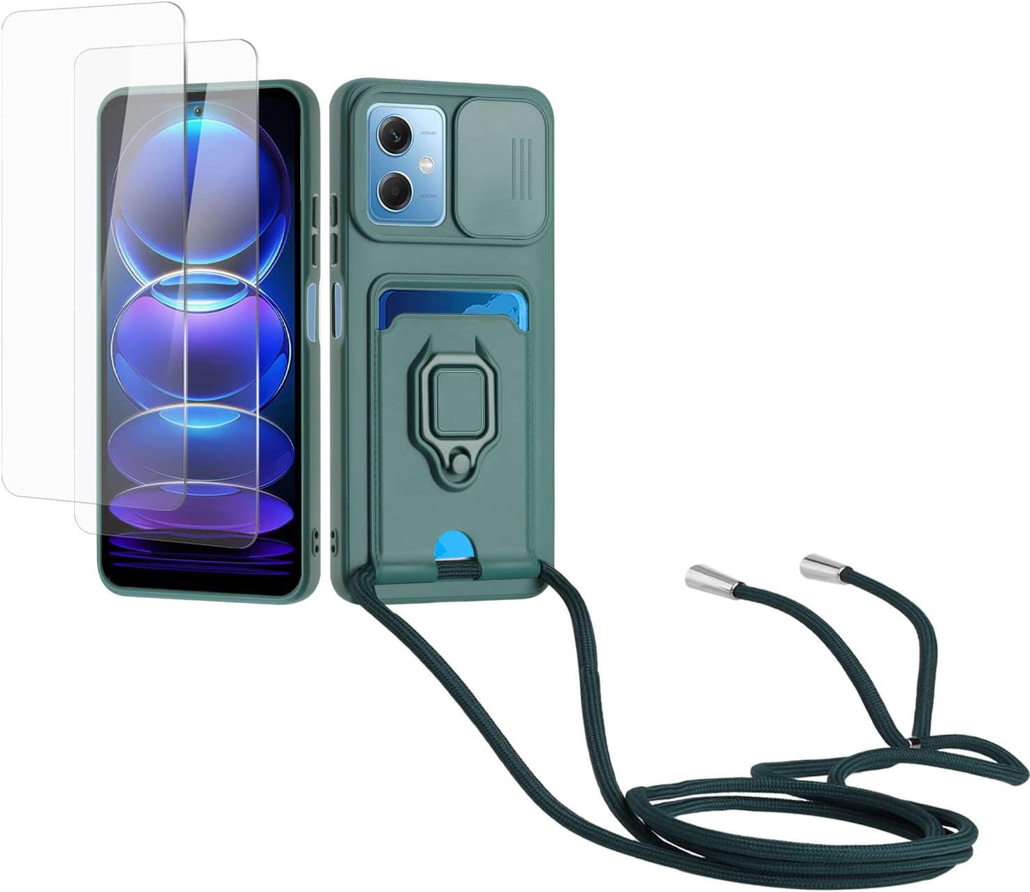 Kaslly Case für Redmi Note 12 5G/Xiaomi Poco X5 Handykette Hülle+[2 Schutzfolie Glas],Slide kameraschutz,Silikon Handyhülle zum Umhängen Kette,Kartenfach-dunkelgrün