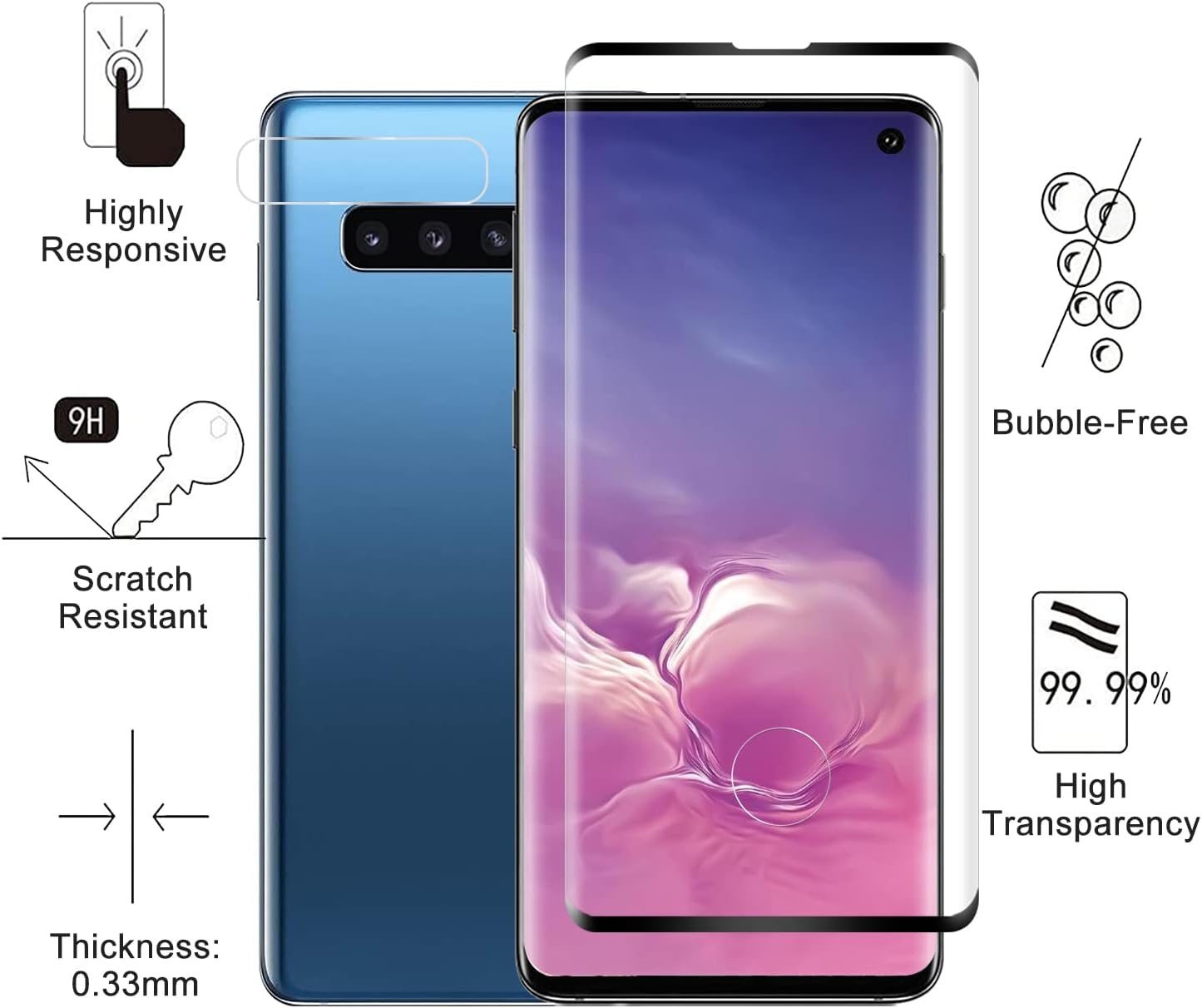 Für Samsung Galaxy S10 Folie, Kante an Kante, Berührungsempfindlich, Anti-Kratzer, Ultra-HD, 2 Glass Schutzfolie und 2 Kamera PanzerFolie, Displayschutzfolie.