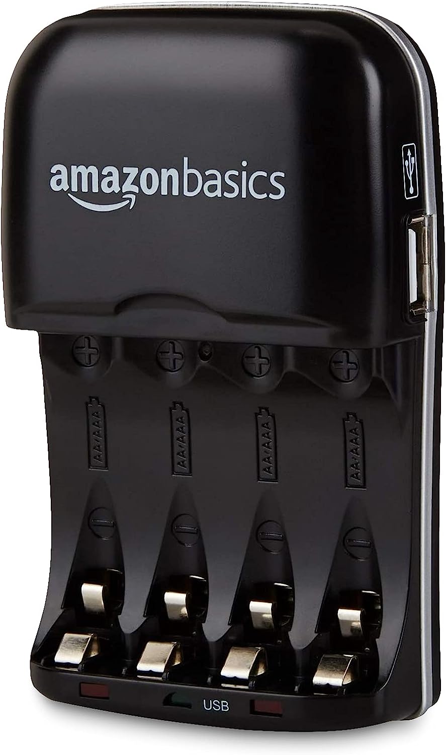 Amazon Basics Batterieladegerät für Ni-MH AA / AAA Akkus und USB Geräte, Schwarz