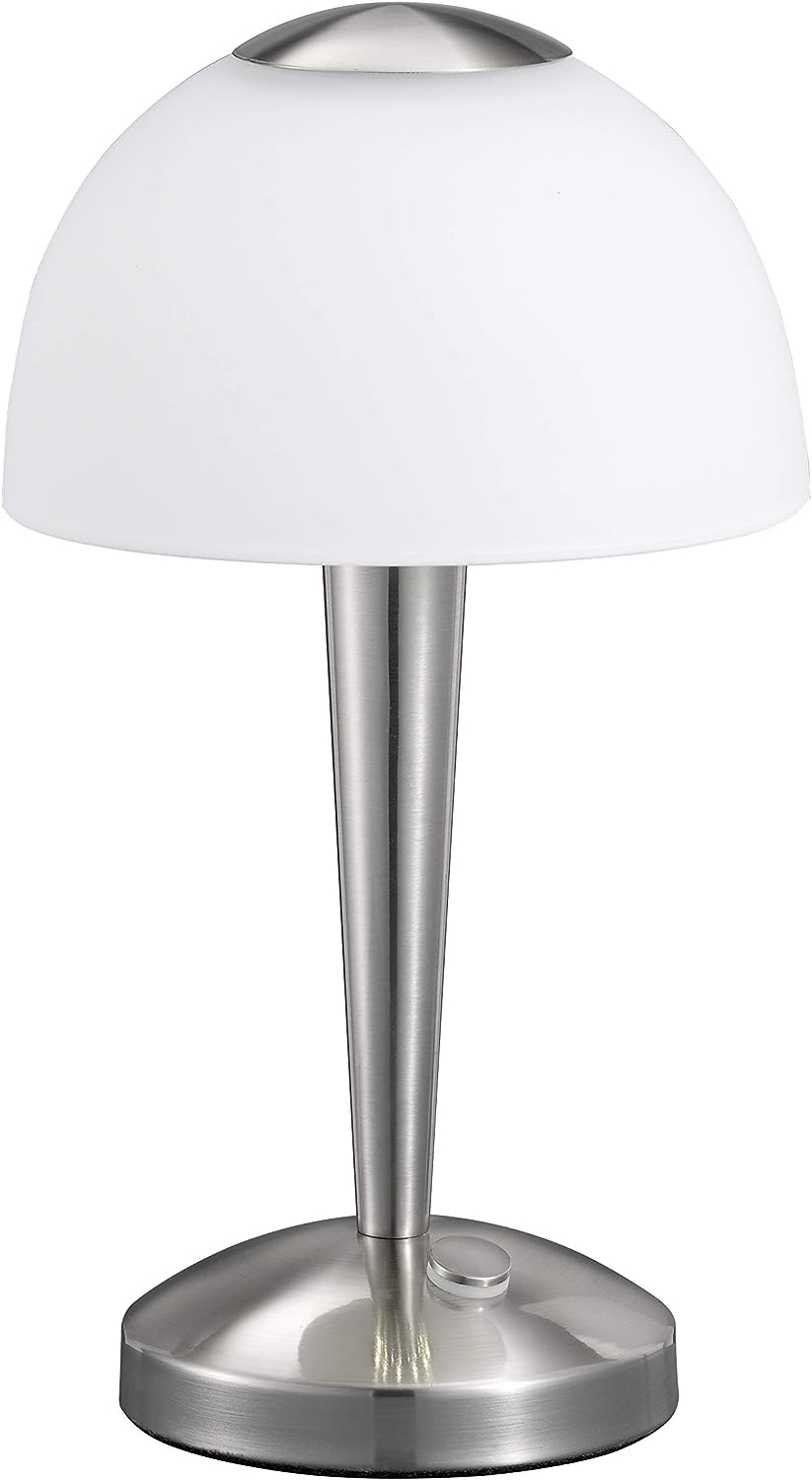 Trio Leuchten LED-Tischleuchte in Nickel matt, Glas weiß satiniert, Touche-Dimmer mit 3 Helligkeitsstufen, inklusive 1 x 5W LED, Höhe - 28 cm 529990107