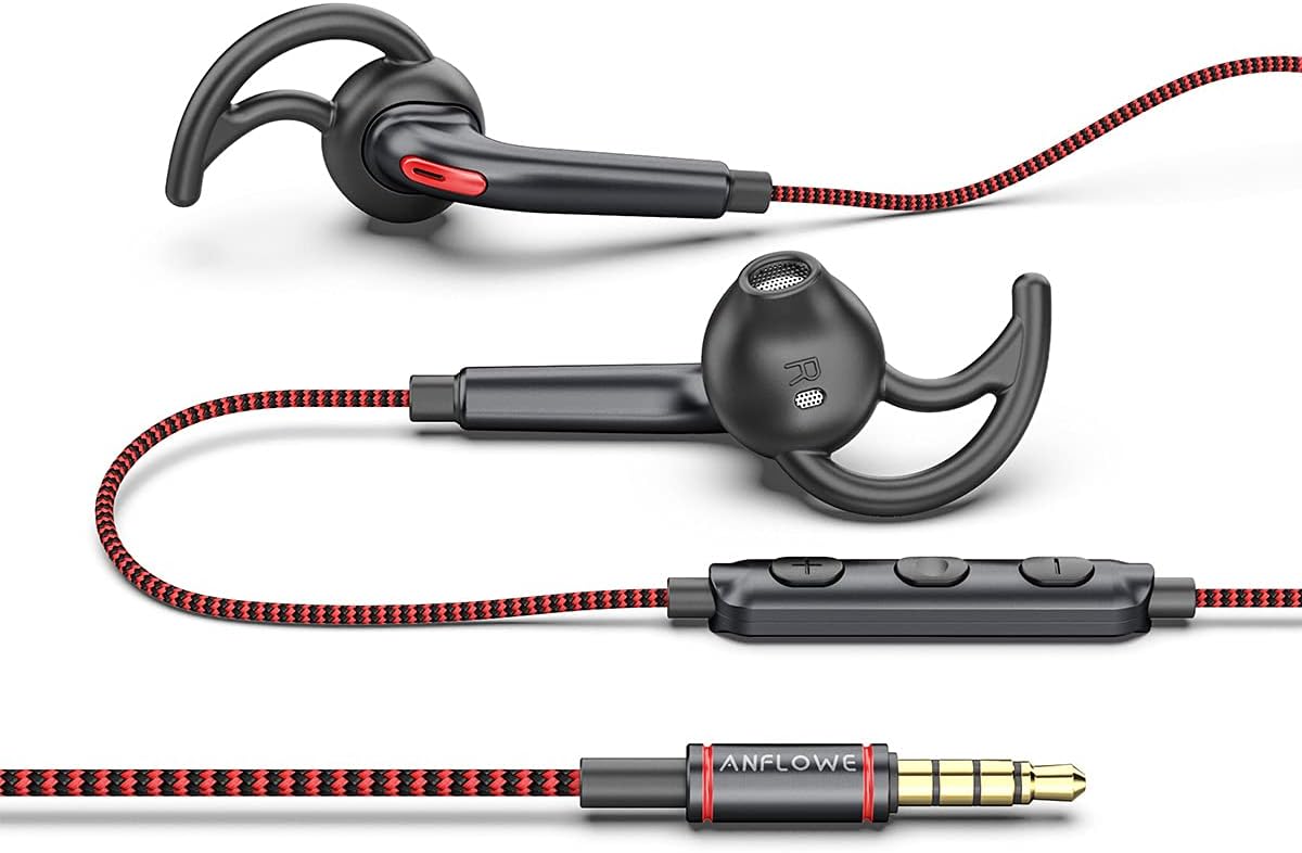 ANFLOWE ES850 Sportkopfhörer Half-In-Ear-Kopfhörer mit Mikrofon & Verwirrungsfreiem Geflochtenes Kabel, Sport Ohrhörer mit Reiner Klang für Workouts, Laufen, Joggen - Rot