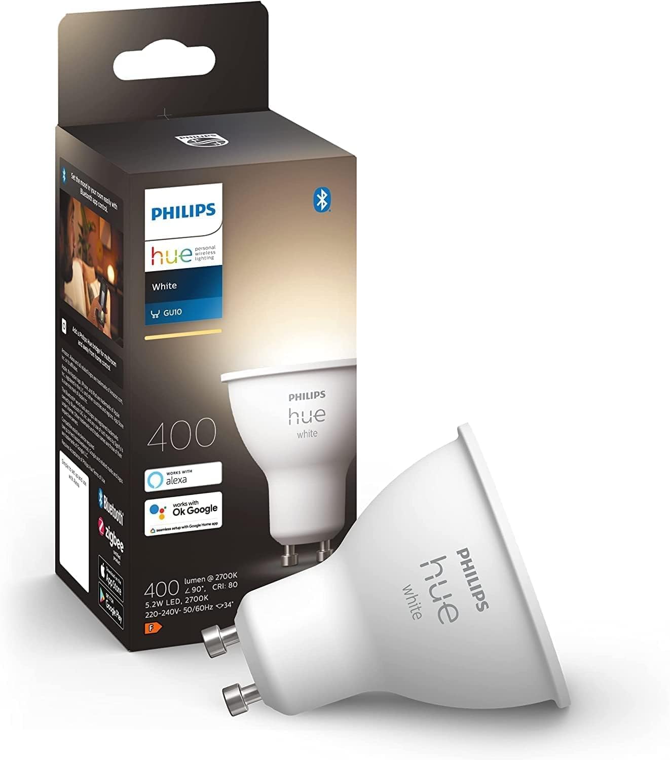 Philips Hue White GU10 Lampe Einzelpack 400lm, dimmbar, warmweißes Licht, steuerbar via App, kompatibel mit Amazon Alexa (Echo, Echo Dot)