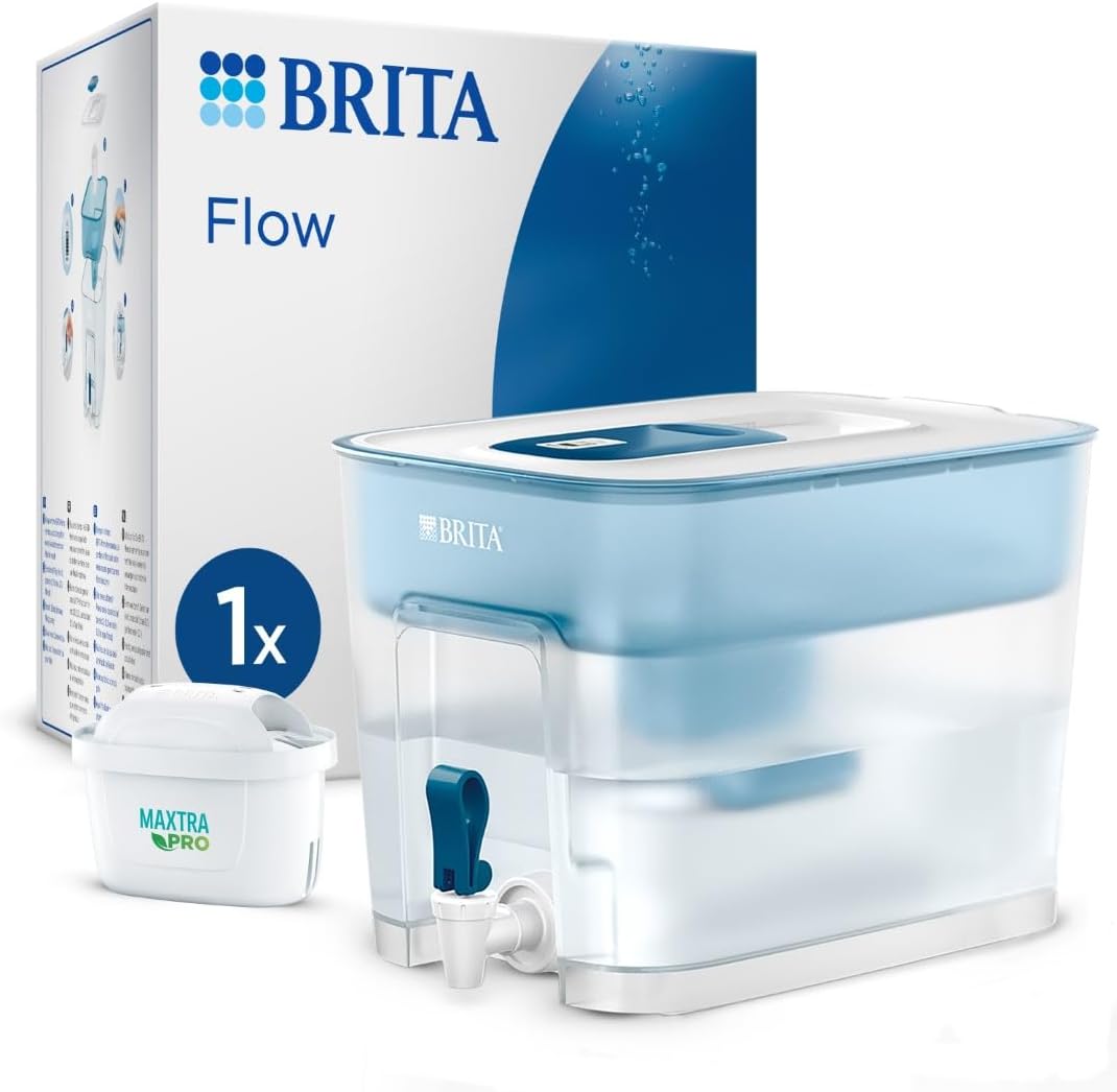BRITA Flow Wasserfilter XXL mit Zapfhahn (8,2l) inkl. 1x MAXTRA PRO All-in-1 Kartusche – Wasserfilterstation zur Reduktion von Kalk, Chlor, Metalle wie Blei & Kupfer im Leitungswasser