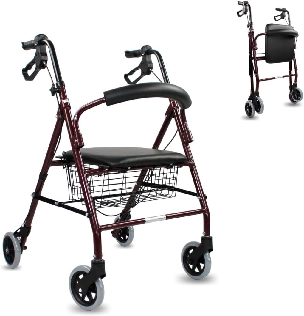 Mobiclinic®, Rollator, Escorial, Europäische Marke, Rollator faltbar und leicht, Feststellbare Handbremsen, Gehhilfe, Aluminium, Abnehmbarer Korb, Mit Sitzfläche und Rückenlehne, Bordeaux