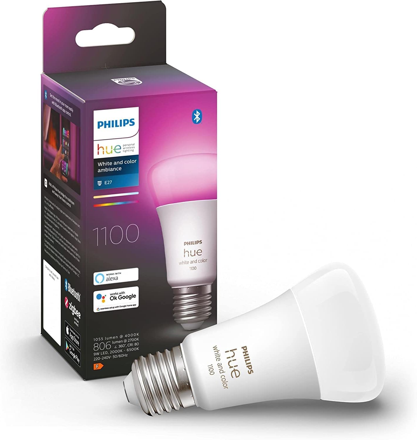 Philips Hue White & Color Ambiance E27 Einzelpack 806lm, dimmbar, bis zu 16 Mio. Farben, steuerbar via App, kompatibel mit Amazon Alexa (Echo, Echo Dot)