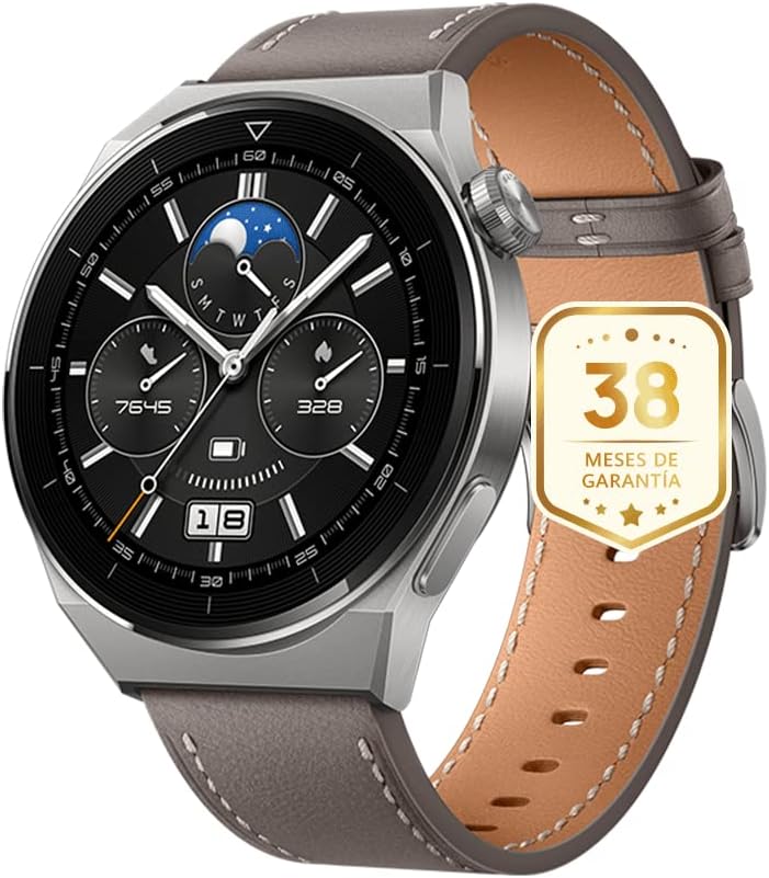 HUAWEI Watch GT 3 Pro 46 mm Smartwatch, Körper aus Titan, Zifferblatt aus Saphir, Überwachung der Sauerstoffsättigung und Herzfrequenz, Lange Akkulaufzeit, graues Lederarmband