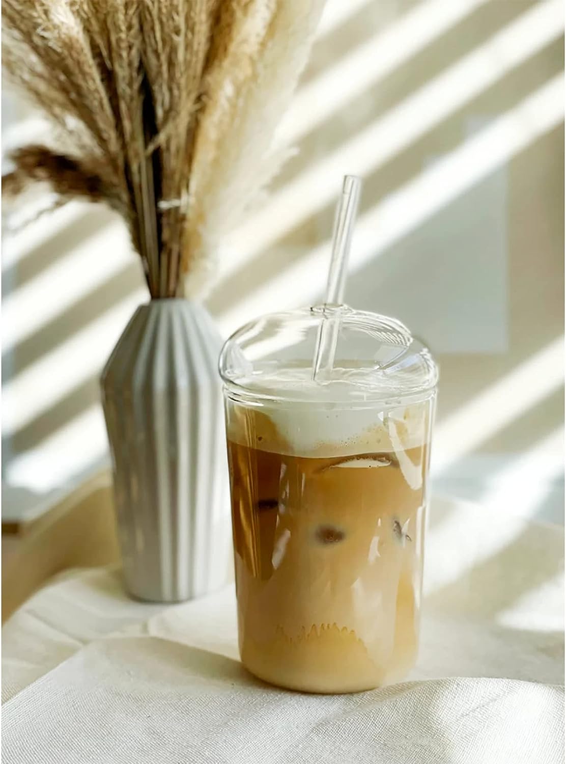 Cutfouwe Eiskaffee Gläser mit Glas Deckel und Glas Strohhalm 450 ML， Wiederverwendbar Becher，Transparent Trinkbecher für Kaltes Getränk,Clear