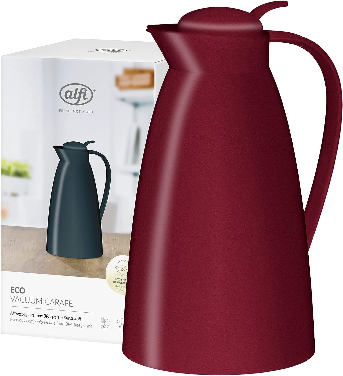 Alfi Thermoskanne Eco, Kunststoff rot 1 Liter, mit alfiDur Glaseinsatz, 0825.240.100, Isolierkanne hält 12 Stunden heiß, ideal als Kaffeekanne oder Teekanne, Kanne für 8 Tassen