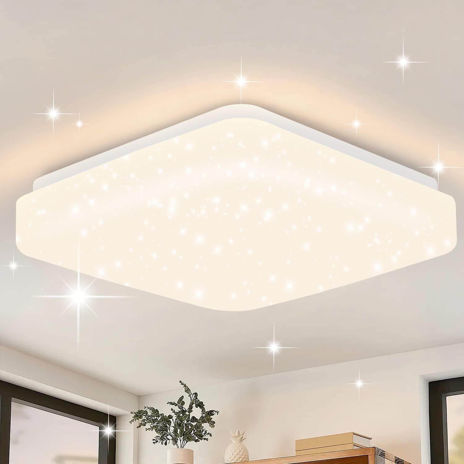 ZMH Deckenlampe Led Deckenleuchte Schlafzimmer - 15W Schlafzimmerlampe Sternenhimmel Warmweiß 21cm Küchenlampe Glitzer Flurlampe Quadratisch Küche Deckenbeleuchtung Sternendekor für Flur Kinderzimmer