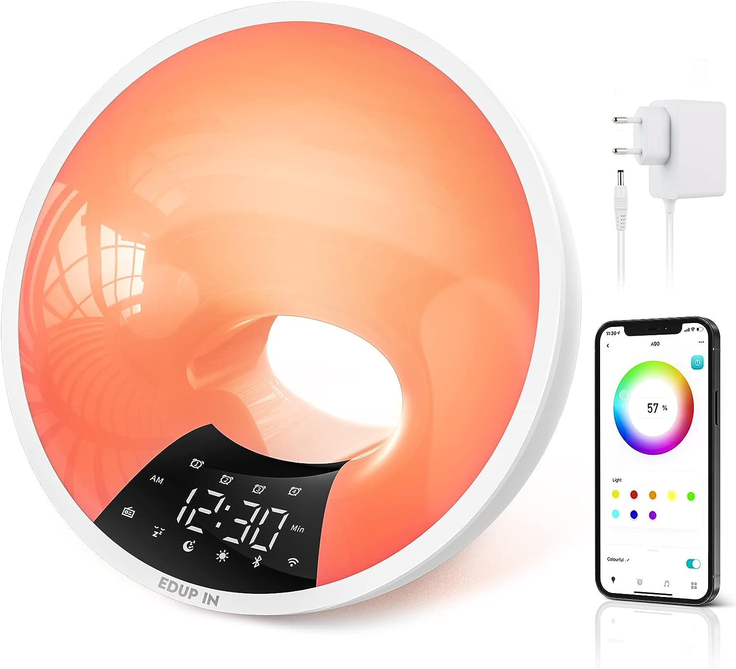 EDUP IN Lichtwecker Wake Up Light Smart Wecker Simuliert Sonnenaufgang Bluetooth Lautsprecher APP Steuerung 4 Wecker Snooze 16 Mio. Nachtlicht 7 Naturtöne Dimmbar USB Anschluss Radio Adapter Weiß