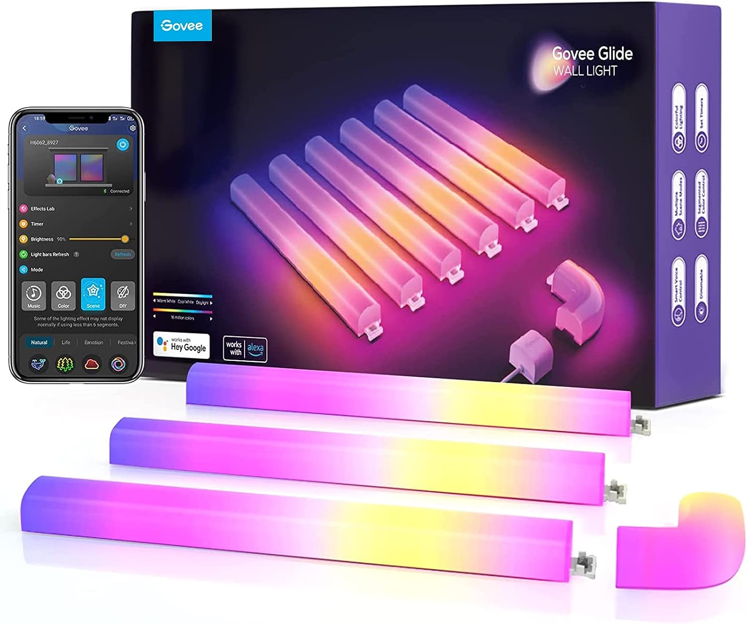 Govee Wandleuchte, Glide Wall Light, WiFi RGBIC LED Lightbar für Gaming, Musik-Sync Mehrfarben, funktioniert mit Alexa und Google Assistant, mit über 40 dynamische Szenen, 6 Stück und 1 Ecke