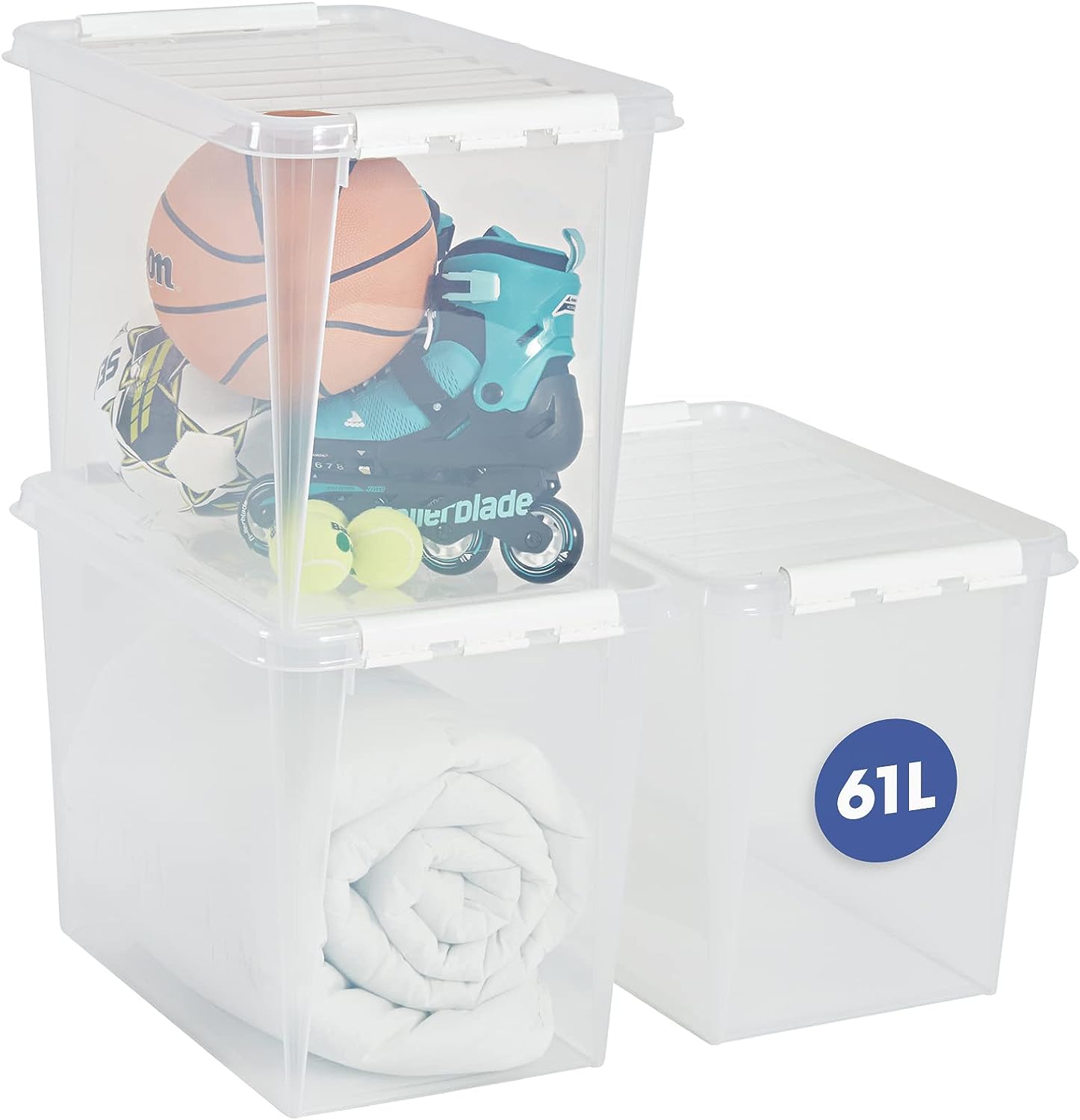 SmartStore Aufbewahrungsboxen 61 L – 3 transparente und stapelbare Boxen mit Deckel und Clipverschluss weiss– BPA-frei und lebensmittelecht – 59 x 39 x 43 cm