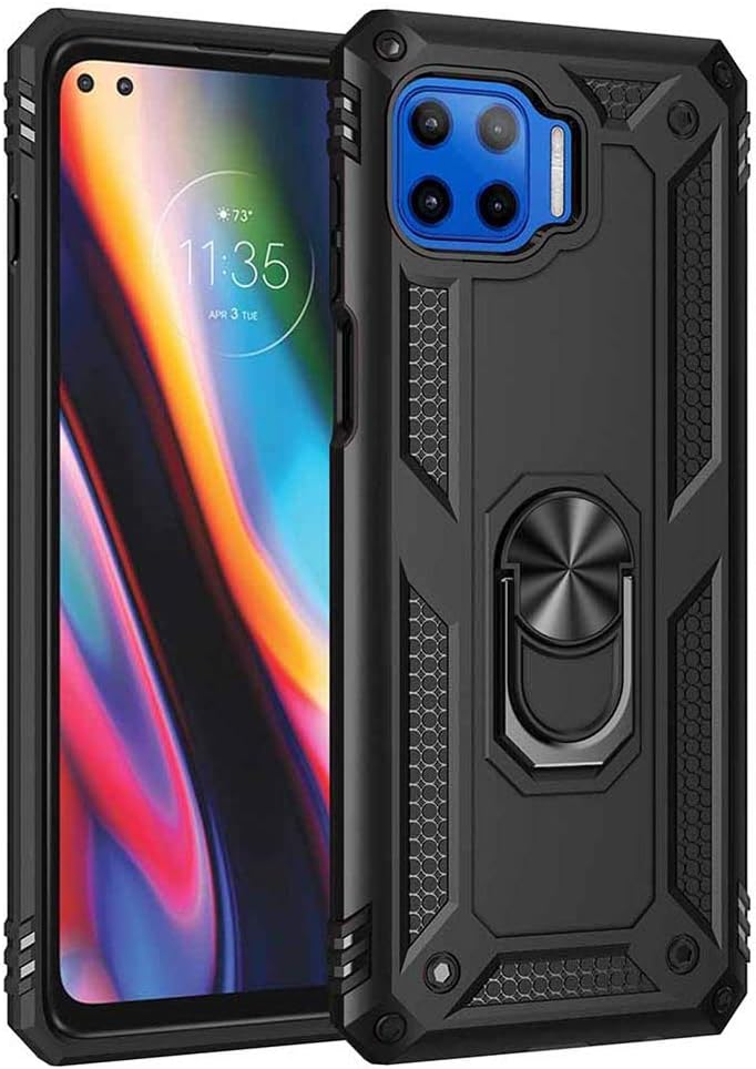 KERUN Hülle für Motorola Moto G 5G Plus Hülle mit 360 Grad Ring Halter, Armor Handyhülle [PC+TPU] Hybrid Bumper Schutzhülle [Funktioniert Mit Magnetischer Autohalterung]. Schwarz