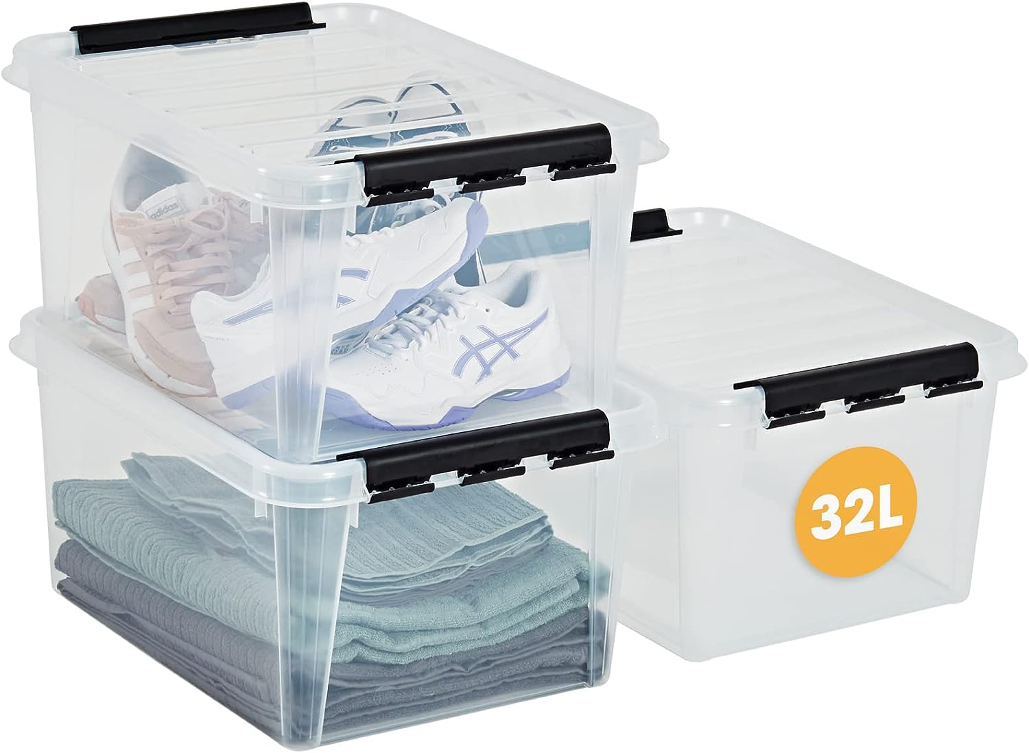SmartStore ﻿aufbewahrungsbox mit deckel, 32 l, 3er-Pack, verstärkt, groß, transparent, für Lebensmittel geeignet, mit Clipverschluss, stapelbar, BPA-freies Plastik, 50 x 39 x 26 cm (L x B x H)