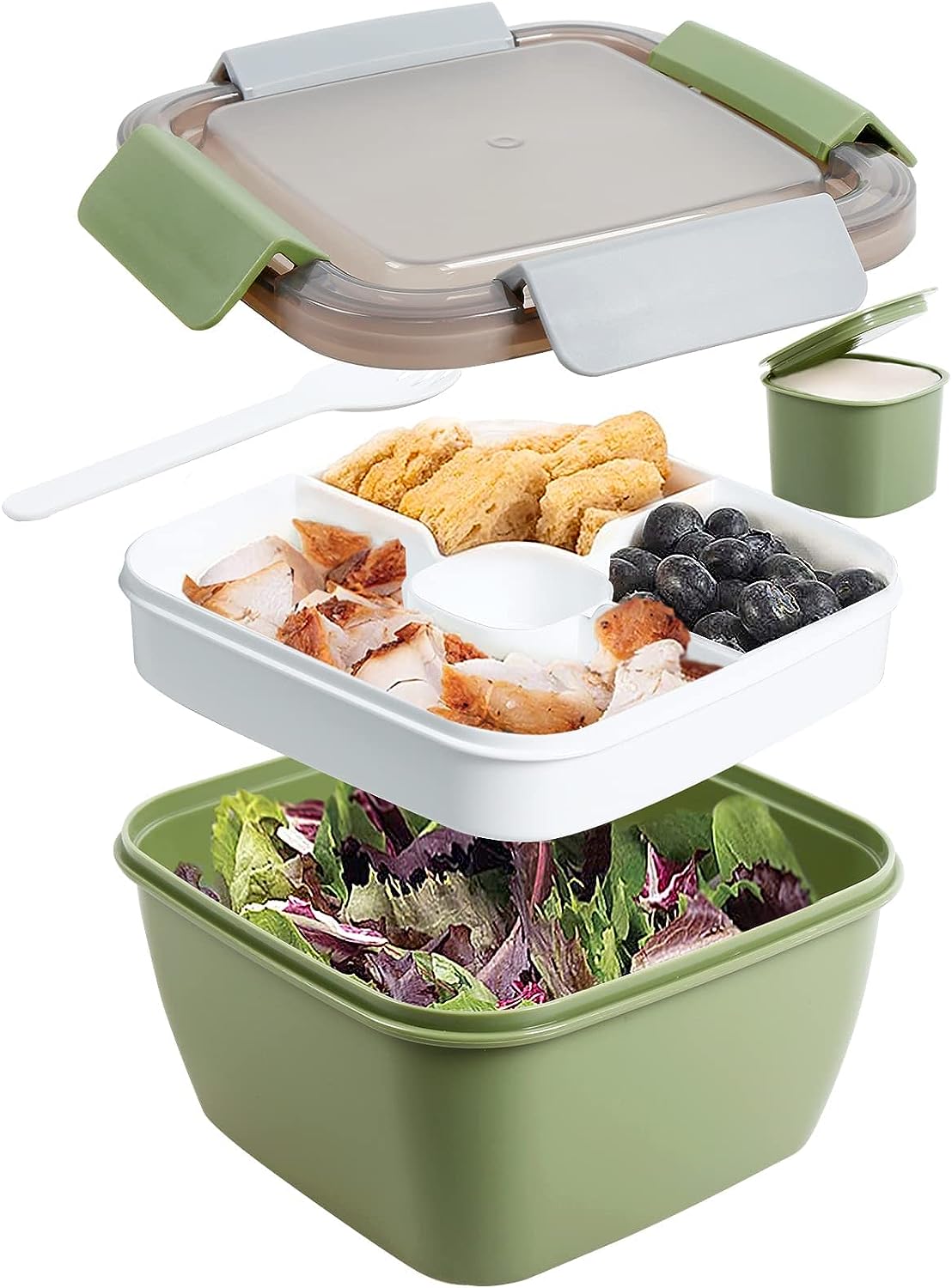 Greentainer Lunchbox Auslaufsichere Bento Box mit 1 Gabel, 1500 ml Salatbehälter mit Dressingbehälter, 3 Fächer Salatbox-to-go für Schule,Arbeit,Picknick, Reisen,Camping | Frische Dichtung